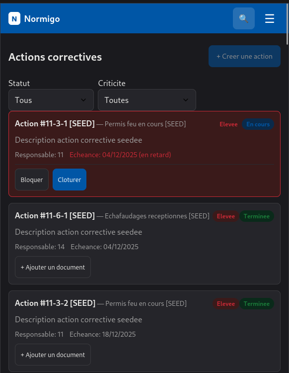 Liste des actions correctives avec filtres statut et criticité, action en retard en rouge